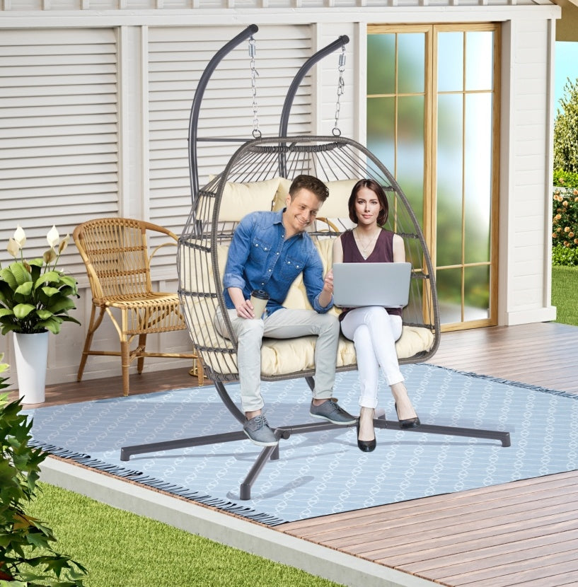 2 Person Outdoor Rattan Hanging Chair Patio Wicker Egg Chair