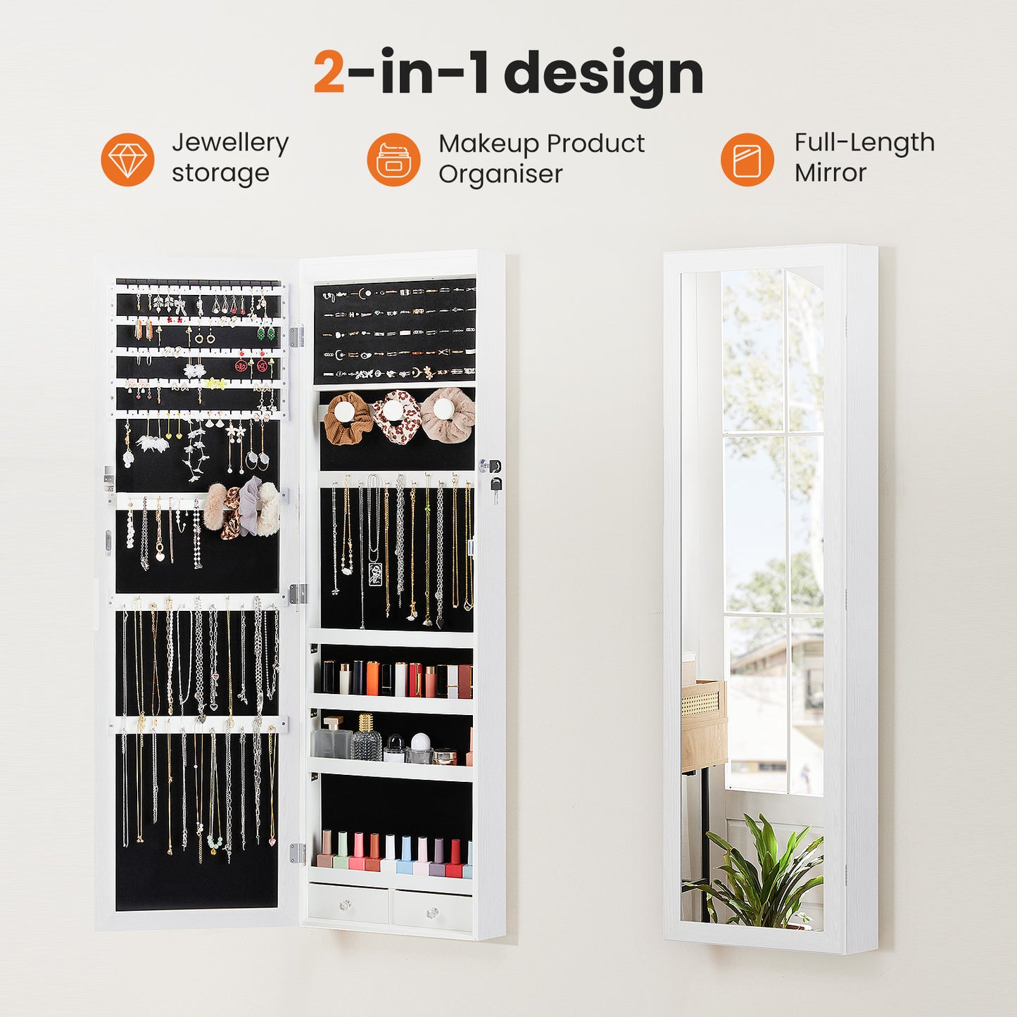 Wall-door Mounted Jewelry Wardrobe Large Capacity Mirror And LED Light Lockable Organizer