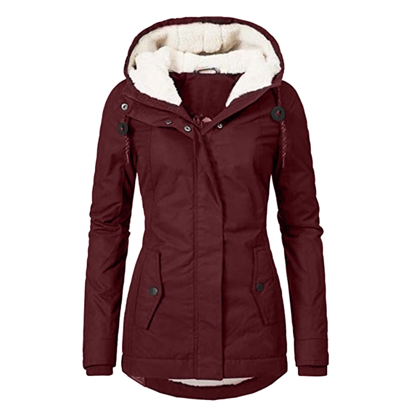 Winter Hooded Jacket Solid Color Warm Buckle Zip-up Fleece Jacket With Pockets Women's Casual Jacket