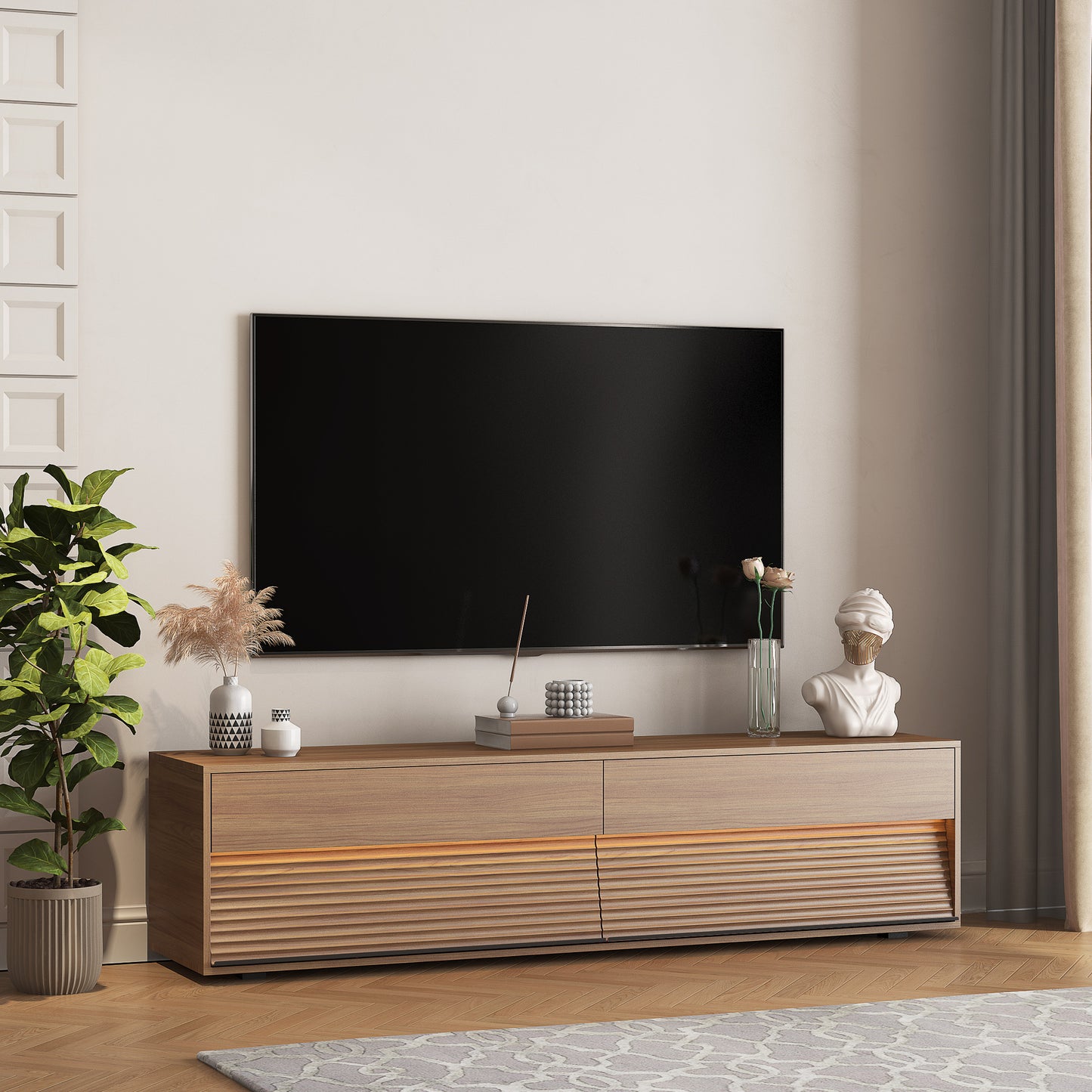 TV Stand With 16 Color LEDs, Modern TV Stand, Floating TV Cabinet Entertainment Center For 55 60 65 Inch TV,Wood