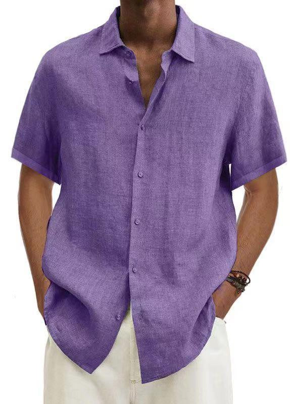 V-neck Button Cotton And Linen Solid Color Men's Trendy Shirt