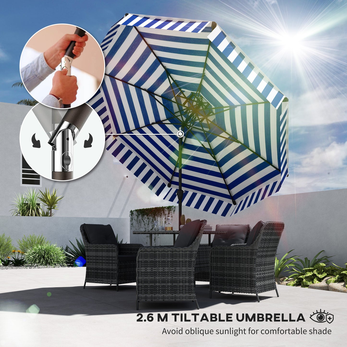 8.6FT Patio Umbrella, Outdoor Market Umbrella, 2-Tier Vented Patio Table Umbrella With Crank 8 Ribs, Tiltable Porch Umbrella For Garden Deck Poolside, Navy Blue