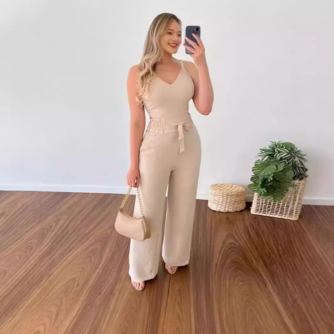 Women's Solid Color Slim Elastic Pleated Two-Piece Suit Sexy Spaghetti Strap V-neck Backless Vest High Waist Wide Leg Pants Suit
