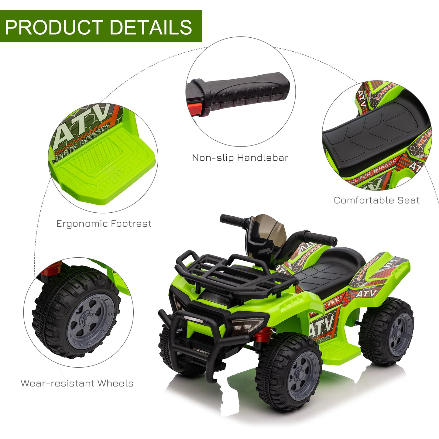 6V Kids Electric Ride On Car Toddlers Quad Bike All Terrain Vehicle Toy With Music For 18-36 Months Green