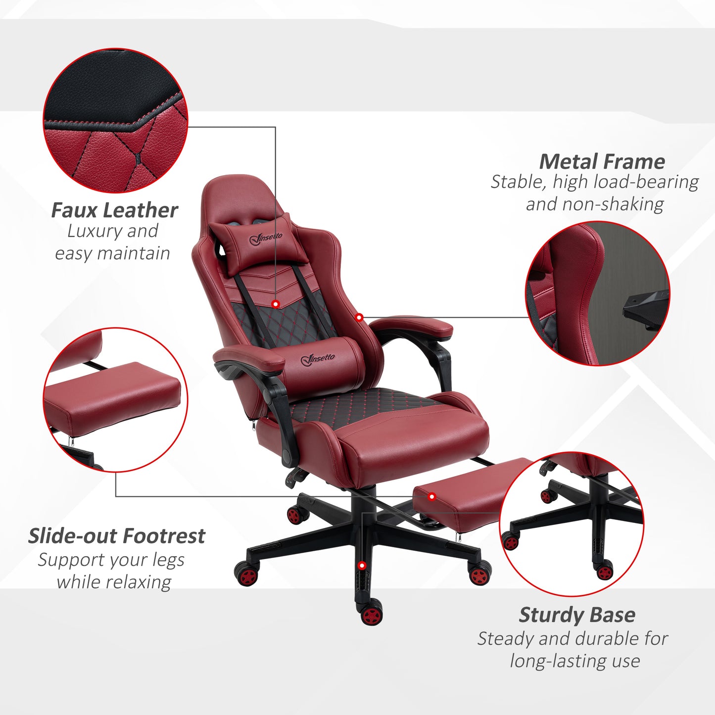 Racing Gaming Chair Diamond PU Leather Office Gamer Chair High Back Swivel Recliner with Footrest, Lumbar Support, Adjustable Height, Red