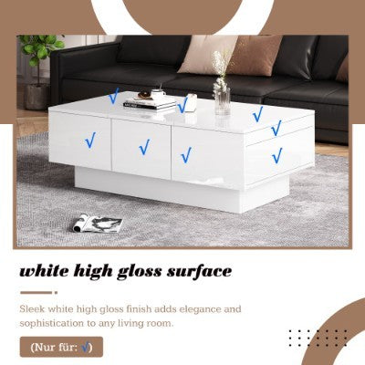 Coffee Table For Living Room, Modern Side Table Wooden Centre Table, White High Gloss Coffee Tea Tables With 2 Drawers And 2 Big Storage Space For Home Office Furniture