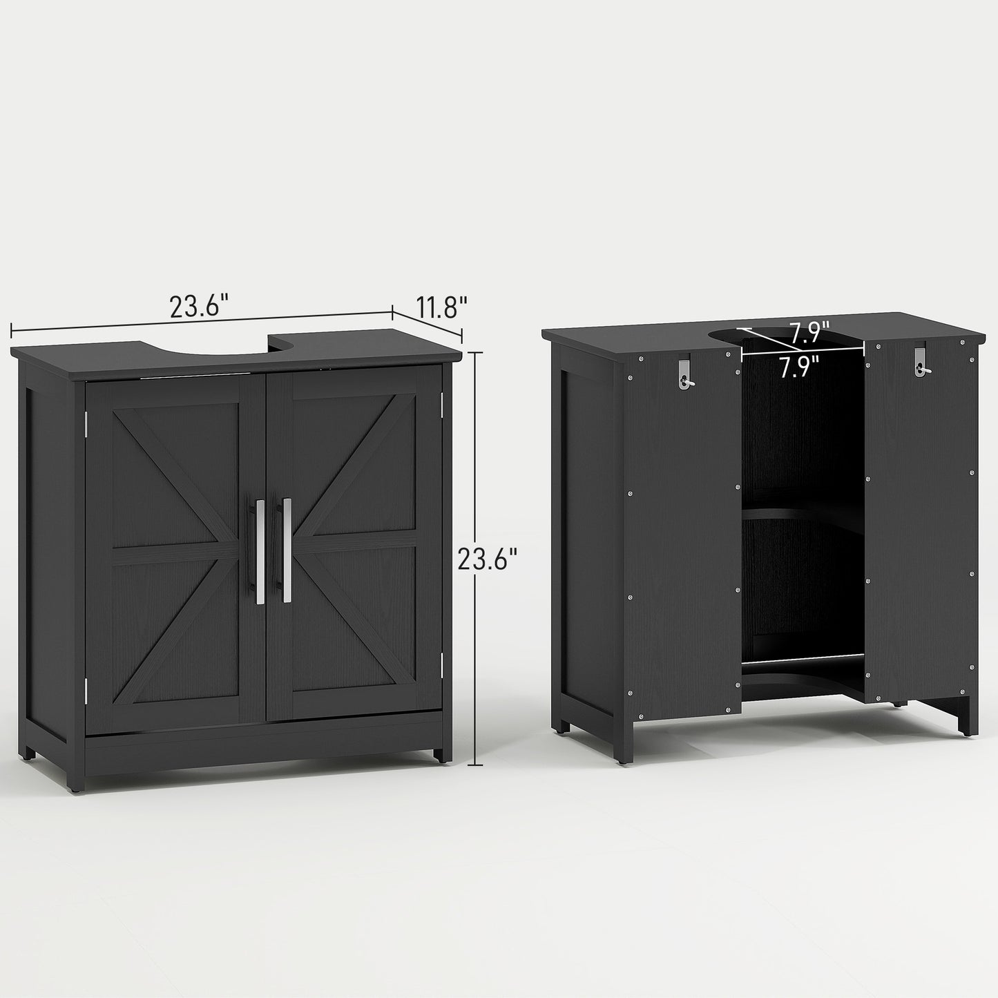 Farmhouse Pedestal Sink Storage Cabinet, Bathroom Sink Cabinet with 2 Barn Doors and Adjustable Shelf, Distressed Black