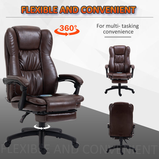 High Back Massage Office Chair with 6-Point Vibration, 5 Modes, Executive Chair, PU Leather Swivel Chair with Reclining Back, and Retractable Footrest, Brown