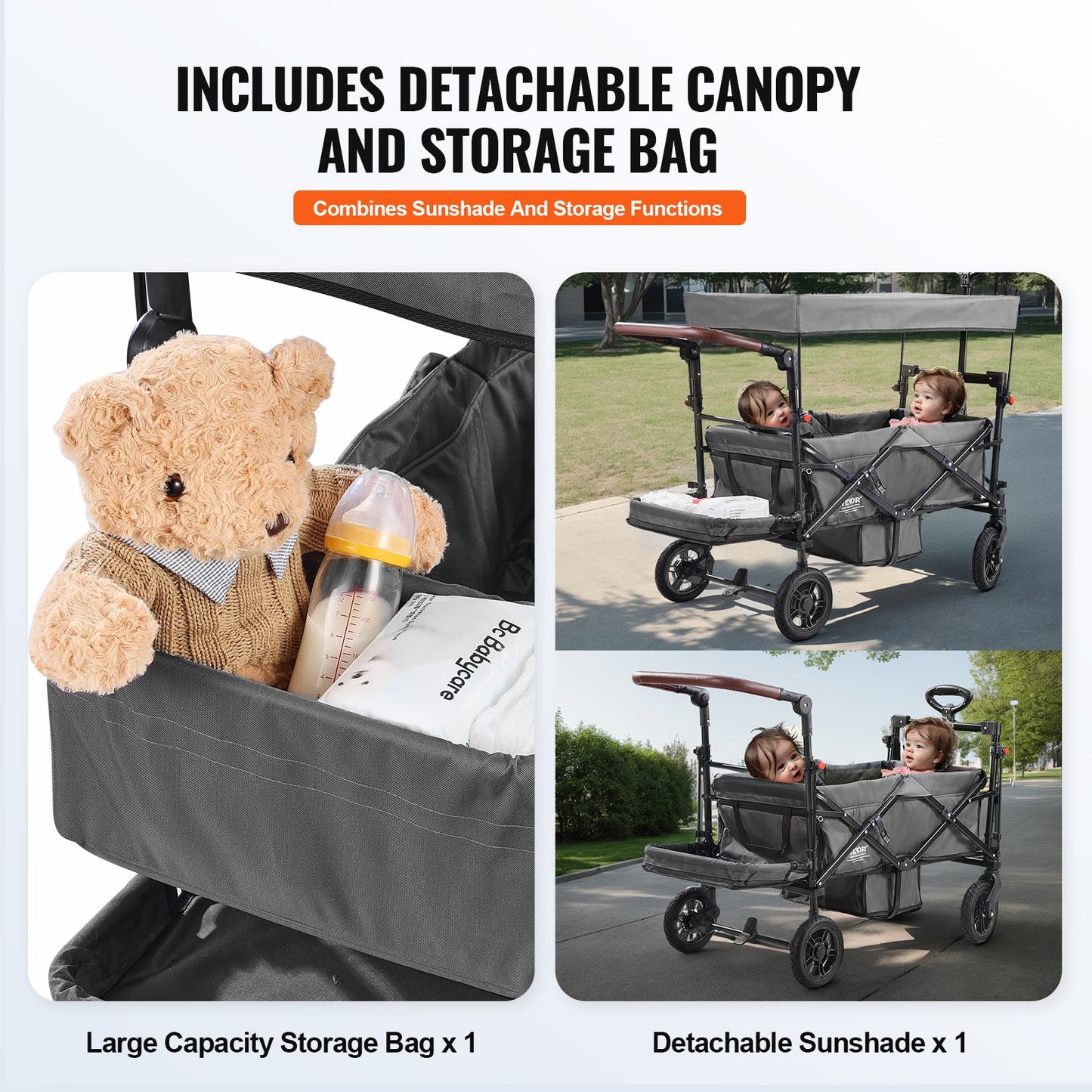 Wagon Stroller For 2 Kids, Push Pull Quad Collapsible Stroller With Adjustable Handle, Encircling Harness Removable Canopy, 4 Wheels W/ Brakes, Mutifunction Tandem Stroller For Camping Dark Grey