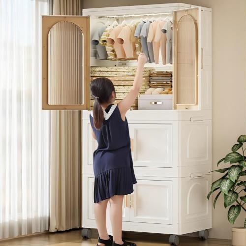 25.59 Side Wide Folding Wardrobe   25.59x15.75x57.09  With Magnetic Door Plastic Storage Cabinet With Wheels  One Layer Of Wardrobe X  Two Layers Of Folding BoxesX 10 Hangers