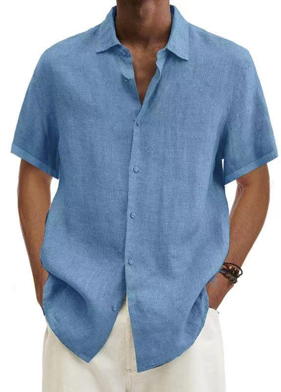V-neck Button Cotton And Linen Solid Color Men's Trendy Shirt