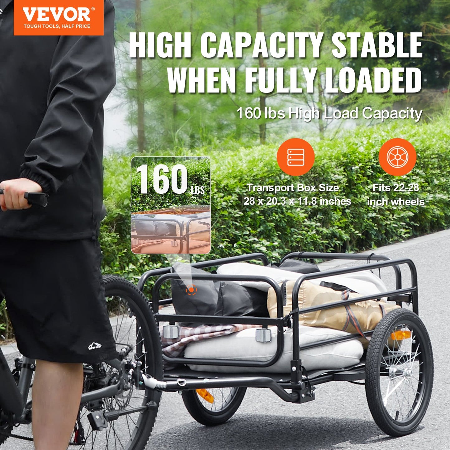 VEVOR Bike Cargo Trailer, 160 Lbs Load Capacity, Heavy-Duty Bicycle Wagon Cart, Foldable Compact Storage & Quick Release With Universal Hitch, Safe Reflectors,