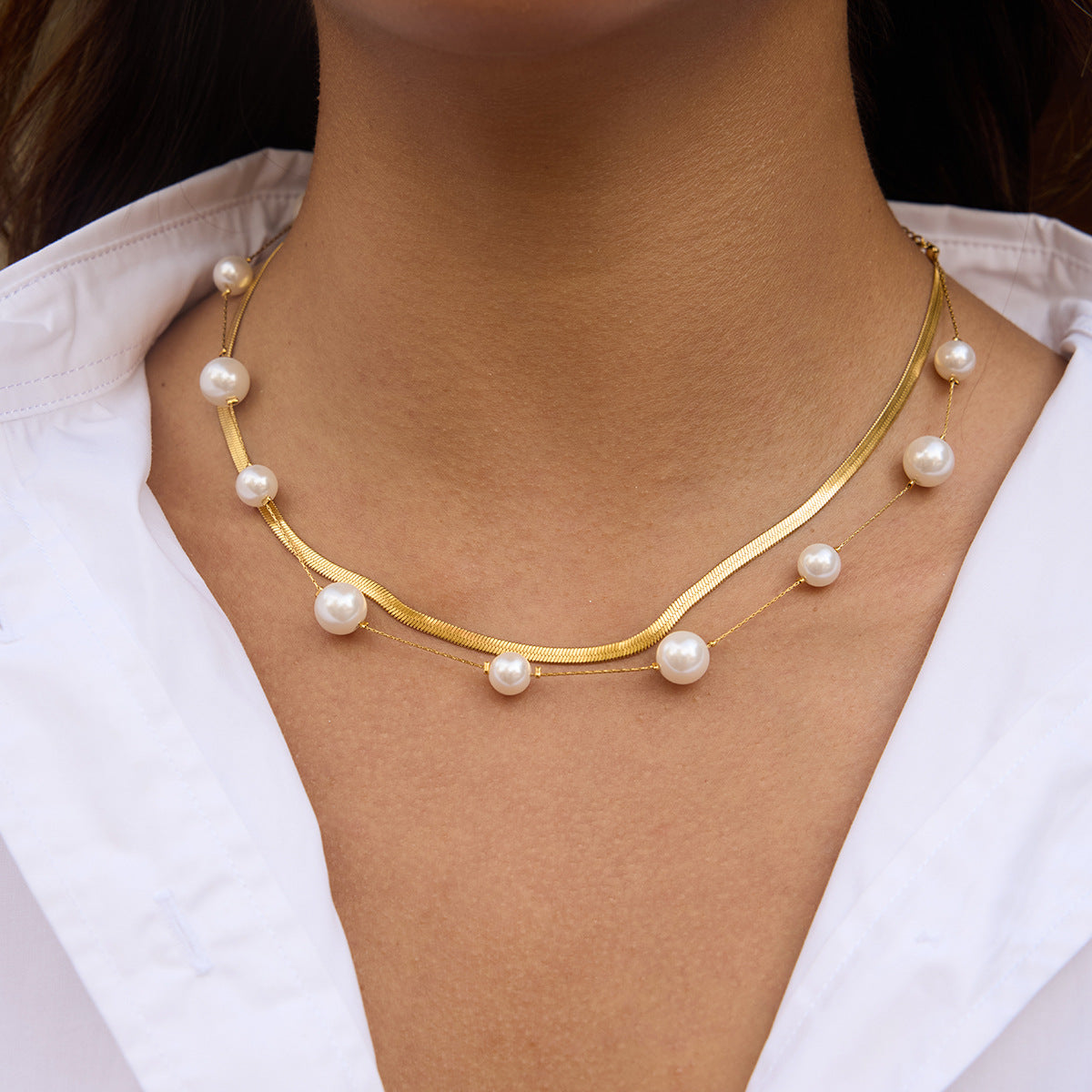 Elegant 18K Gold Stainless Steel Glass Pearl Necklace