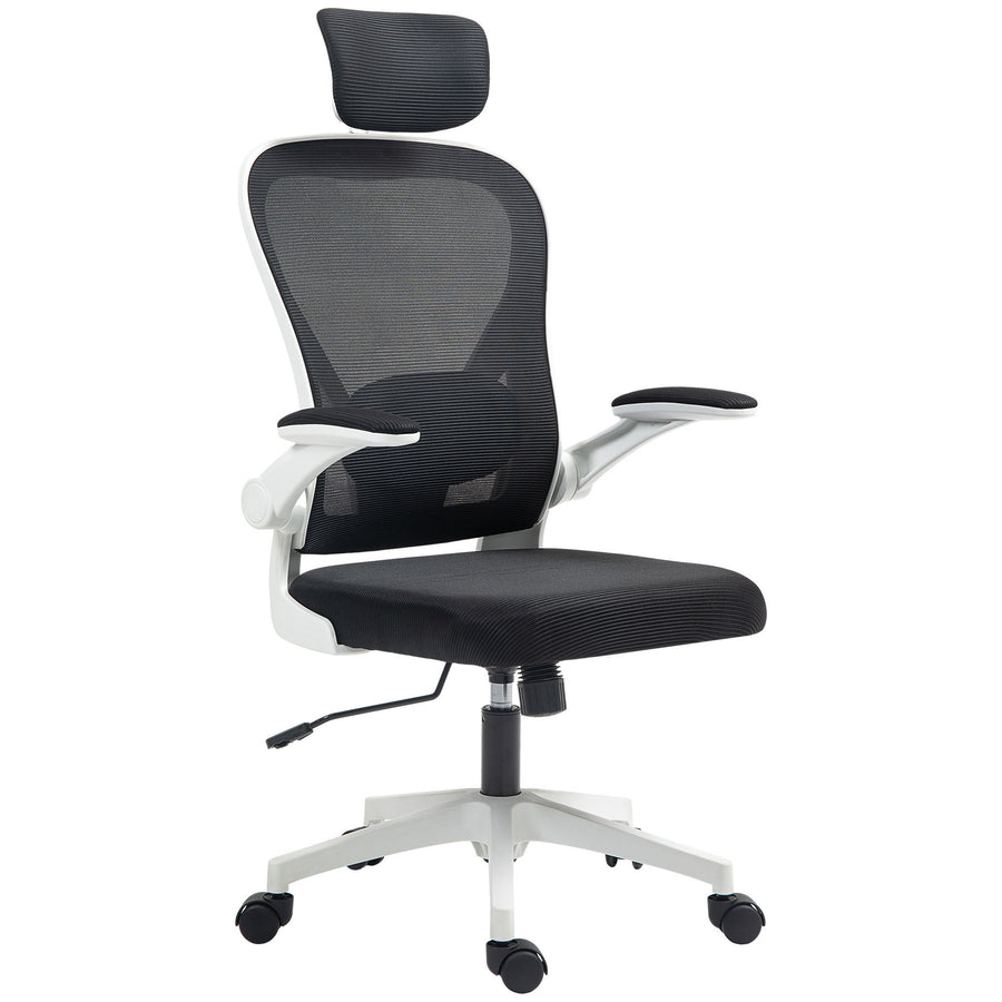 Mesh Office Chair, Ergonomic Desk Chair With Flip-up Armrest, Rotatable Headrest, Adjustable Lumbar Support, Black