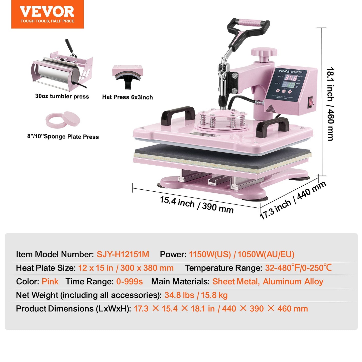 VEVOR Heat Press Machine 12x15 In 5 In 1 With 30oz Tumbler Press T-Shirts