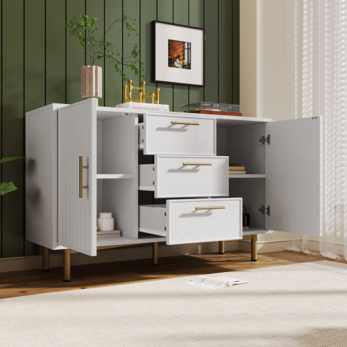 Sideboard Cabinet For Living Room, Chest Of Drawers With With 2 Doors And 3 Drawers, Adjustable Shelf, White, 40D X 120W X 75H CM