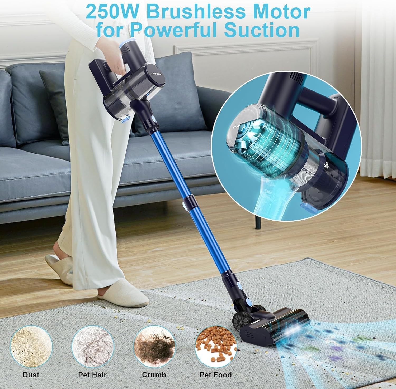 Cordless Vacuum Cleaner, 250W Powerful Lightweight Stick Vacuum 6-in-1Up to 45mins Runtime with 2000mAh Battery, Rechargeable Handheld Vacuum Cleaner for Hard Floor Pet Hair Home Car