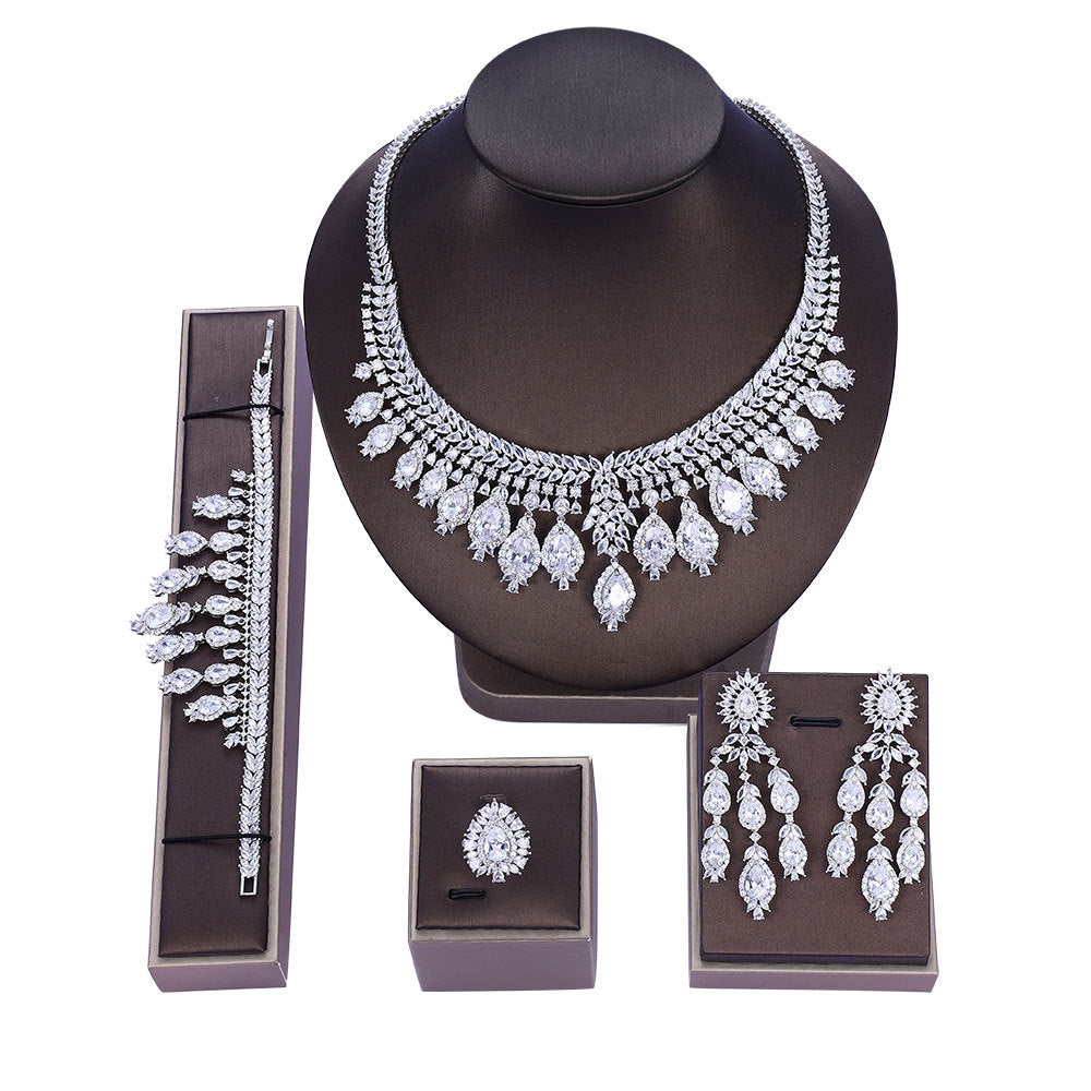 Bridal Set 3A Zircon Necklace Earring Ring Four-piece Set