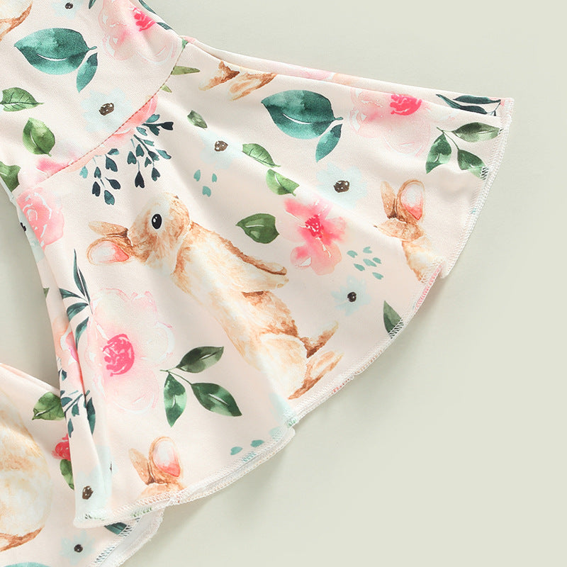 Easter Bunny Print Tassel Short-Sleeve Flare Pants Two-Piece Set