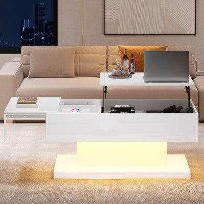High Gloss Lift Up Top Coffee Table With Storage, Extendable Desktop Dinning Table 100 X 50 X 45 Cm, Height Adjustable Tabletop, Retractable Desk