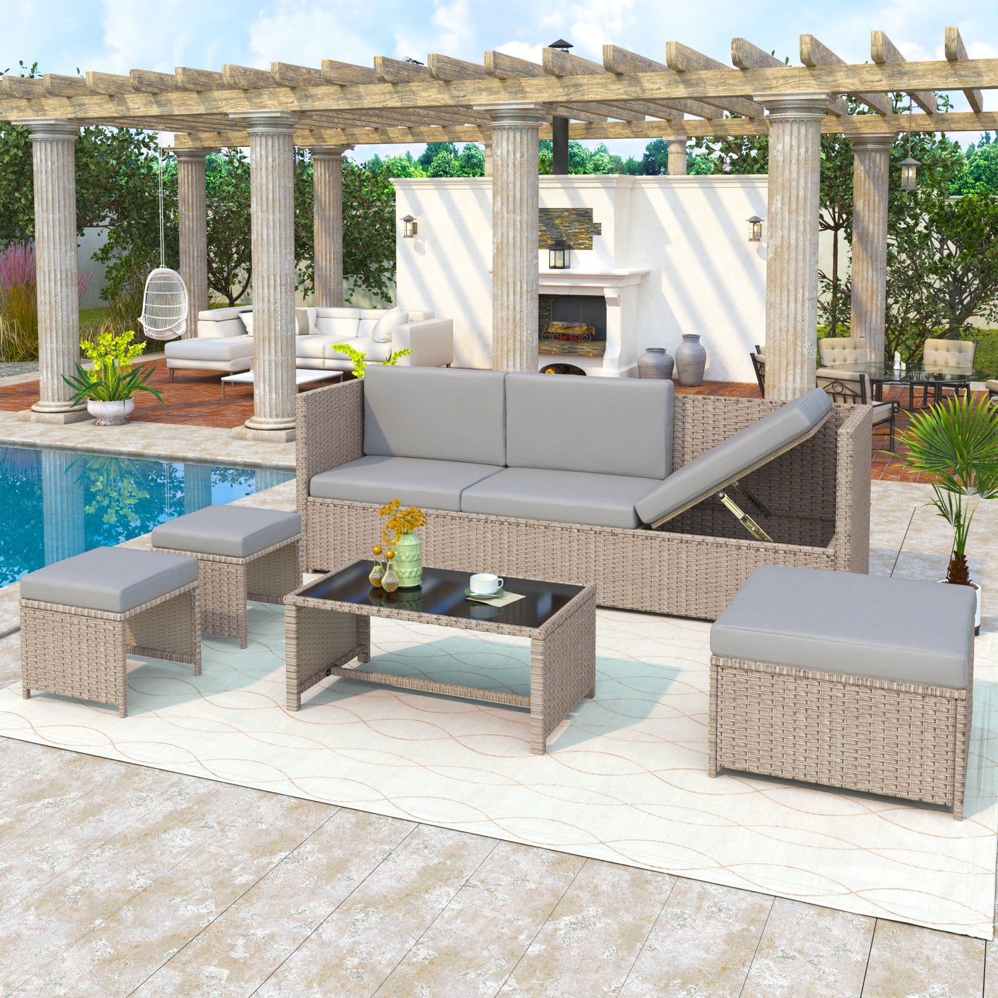 4-6 Seater Garden Lounge Set, Garden Furniture Set, Ratten Sofa, Seating Group, Patio Furniture,Khaki