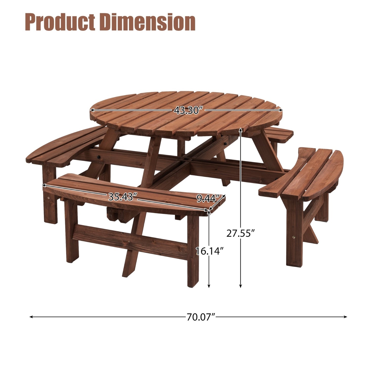 8 Person Wooden Picnic Table - Outdoor Camping Dining W 4 Built-in Benches
