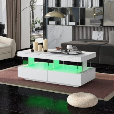 Coffee Table For Living Room, High Gloss Tea Table With 16-Color LED Lights, Coffee Table With 2 Drawers And Open Storage Space, End Table For Home Office Furniture, White