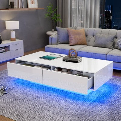 White High Gloss LED Coffee Table, Tea Table With 16 Colors LED Lights, Coffee Table With 2 Drawers Rectangular Table For Office, Store And Living Room