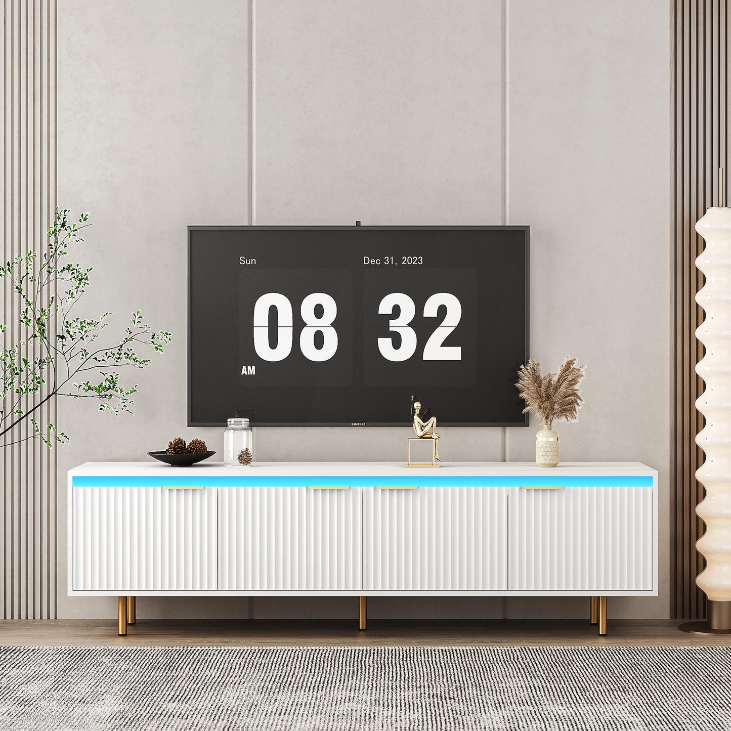 Mid Century Modern LED TV Stand For 80 Inch TV, Entertainment Center Wood TV Stand, Fluted Trim TV Stand With 4 Doors