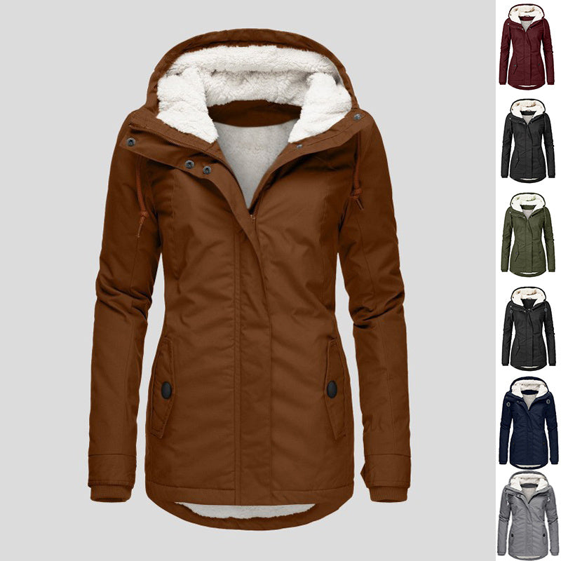 Winter Hooded Jacket Solid Color Warm Buckle Zip-up Fleece Jacket With Pockets Women's Casual Jacket