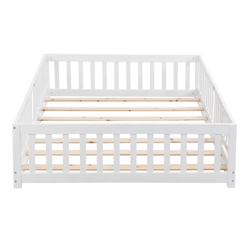 Twin Size Floor Bed With Door,Solid Wood Platform Bed Frame With Fence,Suitable For Children,Pine Wood,