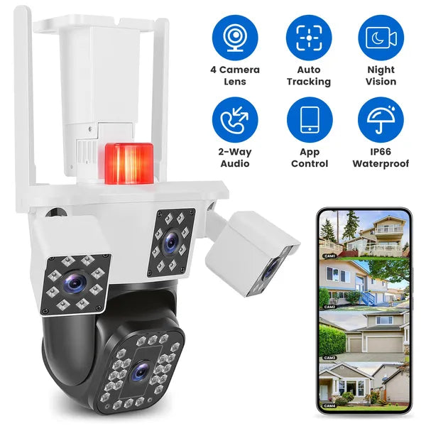 1080P HD 4-Lens Security Camera 360° View WiFi Pan & Tilt Surveillance Camera With Full Color Night Vision Auto Motion Tracking 2-Way Audio Spotlights IP66 Waterproof Max 128G Not Included