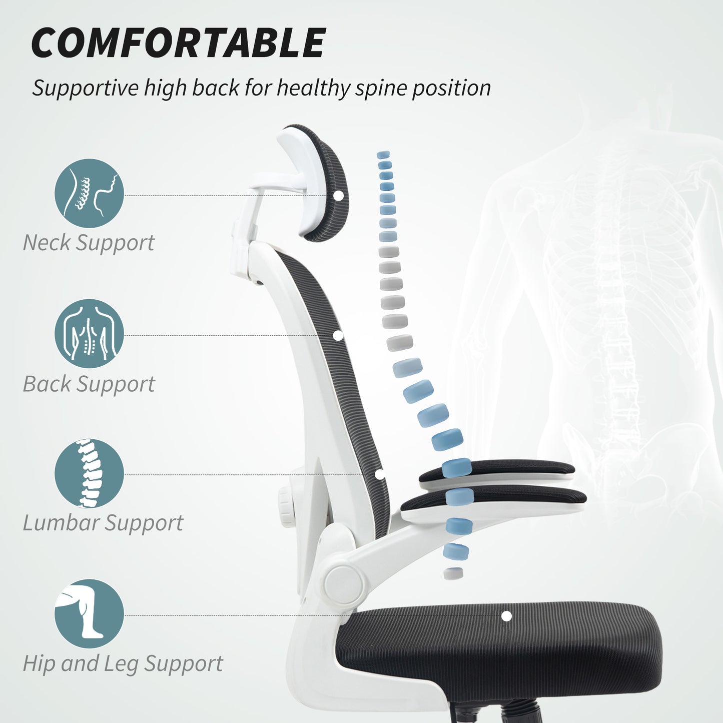 Mesh Office Chair, Ergonomic Desk Chair With Flip-up Armrest, Rotatable Headrest, Adjustable Lumbar Support, Black