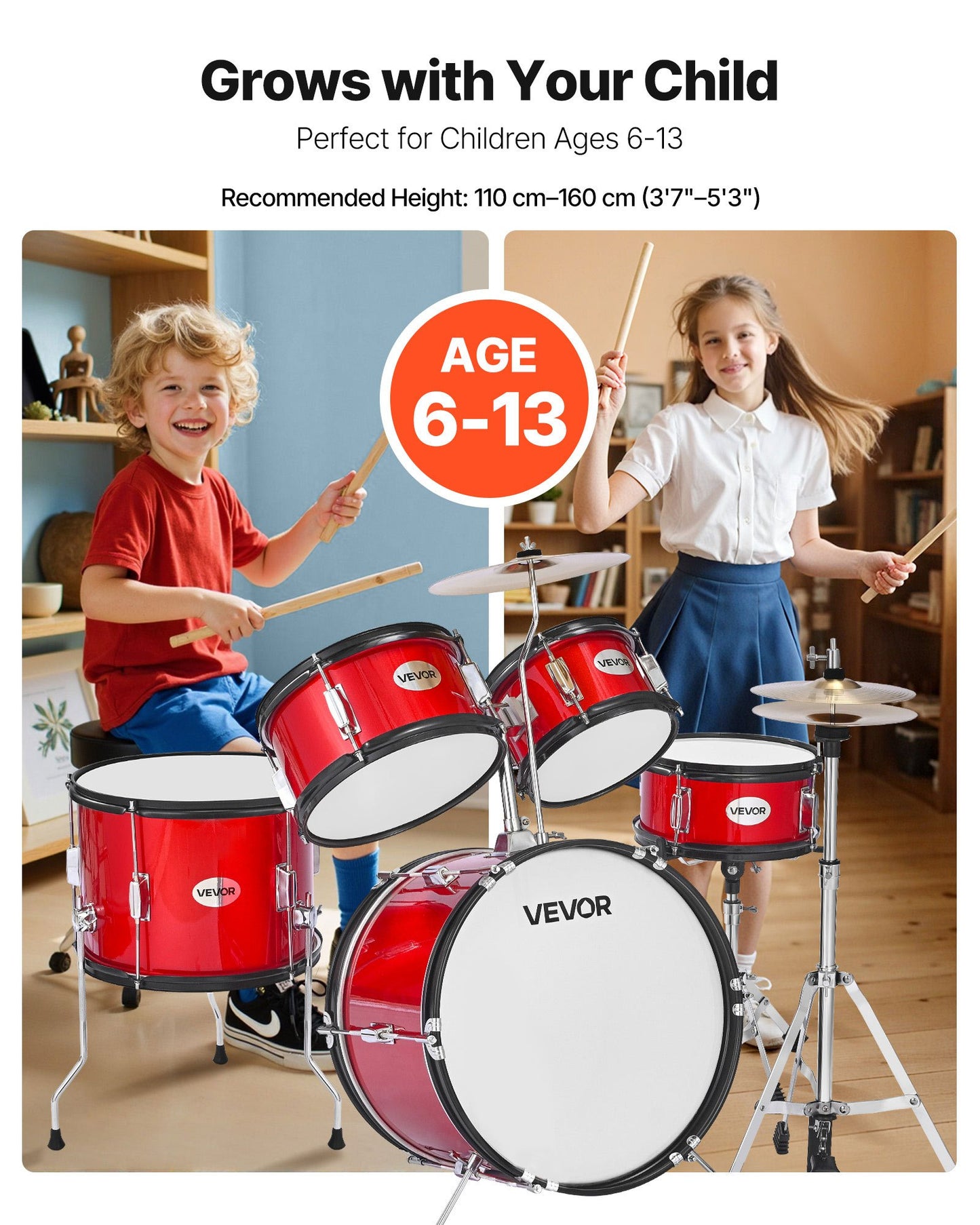 Schlagzeug Set, 5-teilig, Drum Kit Für Anfänger, Inkl. Basstrommel, Snare, Tomtoms, Standtom, Crash-Becken, Hi-Hat Mit Ständer, Musik-Lern-Instrumentenset, Für Kinder Von 6–13 Jahren (rot)