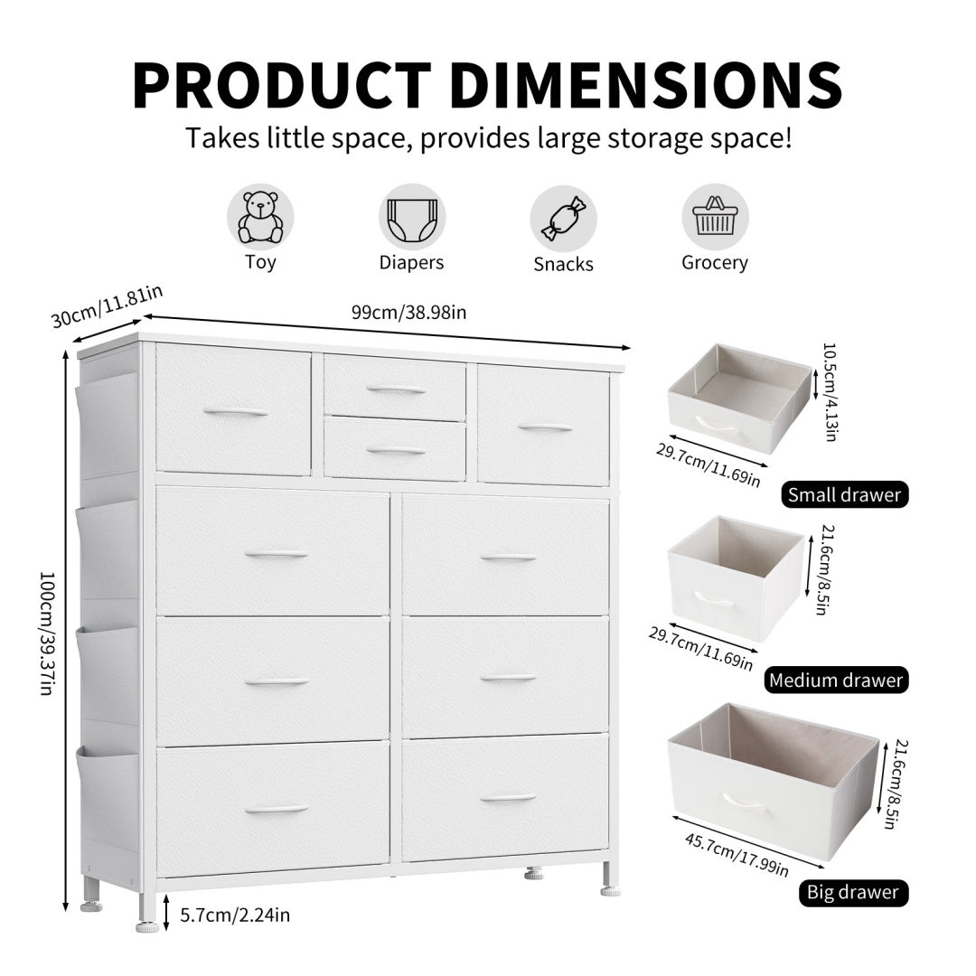 10-Drawer Dresser With Side Pocket & Hooks, Storage Cabinet With Wood Top For Bedroom Closet Organization