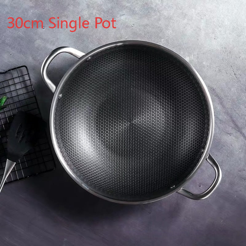304 Stainless Steel Pot With Two Handles Honeycomb Uncoated Flat Bottom Wok