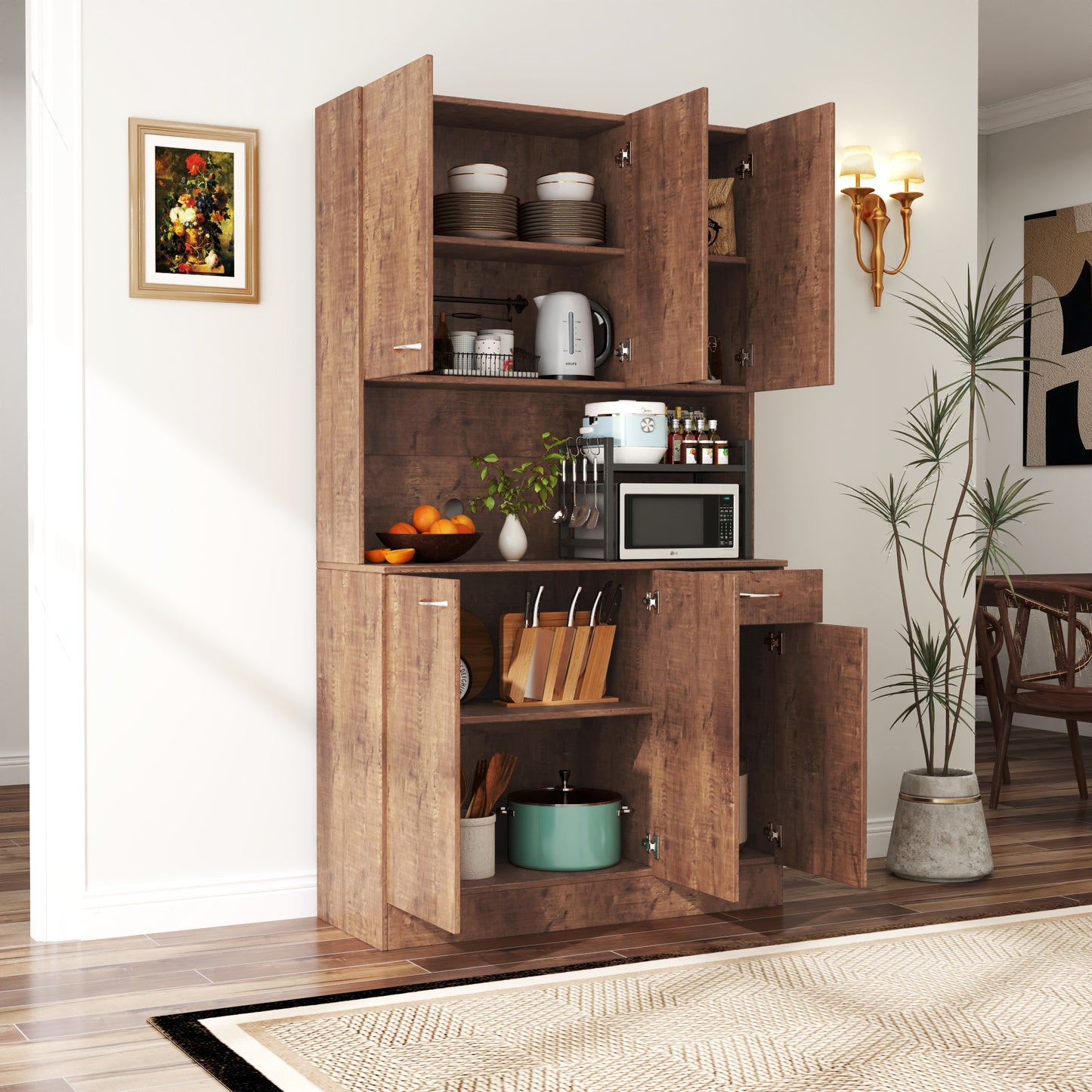 70.87 Tall Wardrobe Kitchen Cabinet, With 6-Doors, 1-Open Shelves And 1-Drawer For Bedroom,Walnut