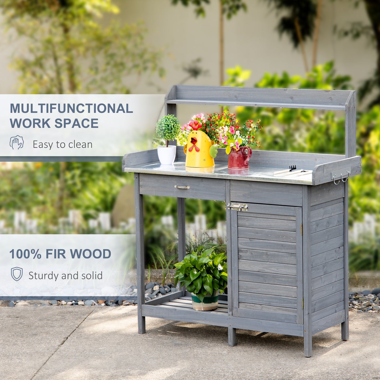 Outdoor Potting Bench Table, Garden Work Station with Storage Cabinet, Open Shelf and Steel Tabletop, Gray