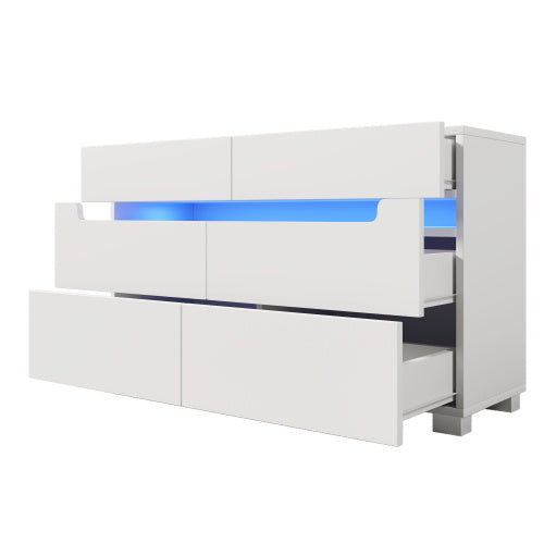 Sideboard Cabinet Dresser With 6 Drawers,Storage With RGB LED App Control, Sideboard With Cut-out Handles, 6-drawers Chest Of Drawers, 71 X 120 X 40 Cm, White