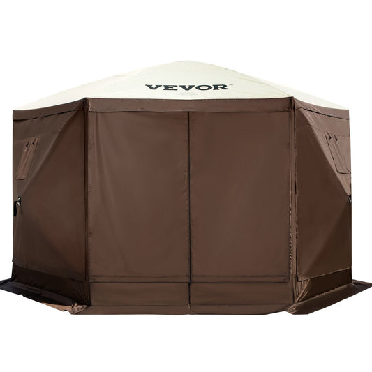 VEVOR Camping Gazebo Tent, 6 Sided Pop-up Canopy Screen Tent For 8 Person Camping, Waterproof Screen Shelter Portable Storage Bag, Ground Stakes, Mesh Windows, Brown & Beige