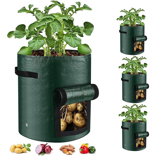 10 Gallon -6 Pack Potato Grow Bags, Heavy Duty PE Fabric Pots With Flap And Handles, Green Planter Bags For Potato Vegetables Outdoor Garden, For All Plants Growing