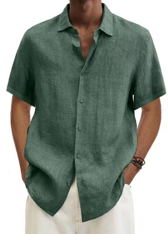V-neck Button Cotton And Linen Solid Color Men's Trendy Shirt