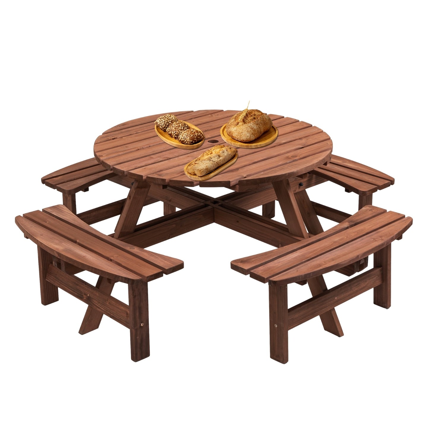 8 Person Wooden Picnic Table - Outdoor Camping Dining W 4 Built-in Benches