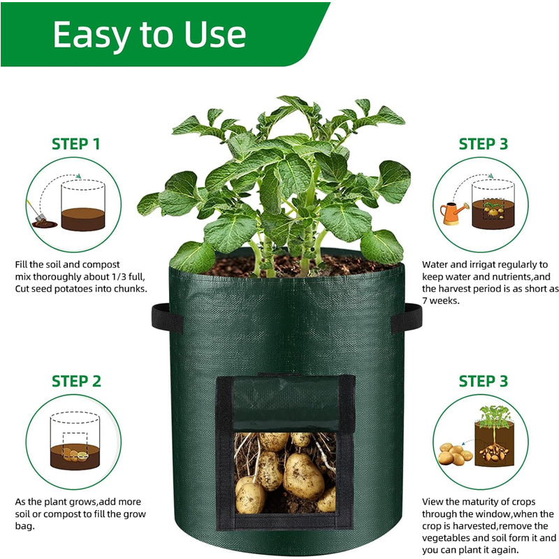 10 Gallon -6 Pack Potato Grow Bags, Heavy Duty PE Fabric Pots With Flap And Handles, Green Planter Bags For Potato Vegetables Outdoor Garden, For All Plants Growing