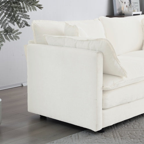 Modern Fabric Loveseat Sofa Couch For Living Room, Upholstered Large Size Deep Seat 2-Seat Sofa With 4 Pillows ,White Chenille