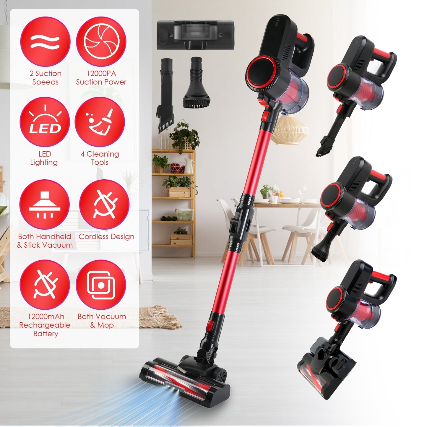 Cordless Vacuum Cleaner Lightweight Handheld Vacuum Upright Stick Floor Vacuum Battery Powered Mop With Lighting 2 Speeds 12000PA Suction 4 Tools Mount Bracket 180 Degree Foldable