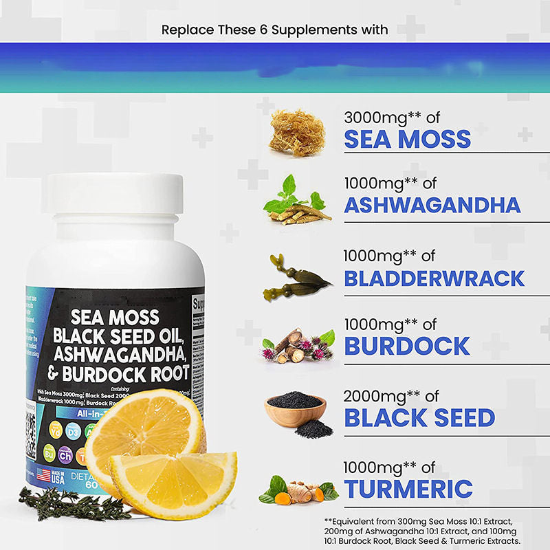 Clean Sea Moss + Ashwagandha Maca Root Bundle with Black Seed Oil, Burdock Root, Fenugreekand More