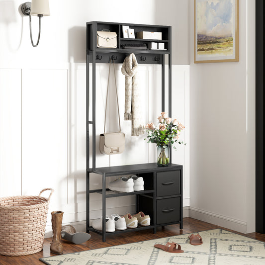 Hall Tree with Bench and Shoe Storage, 5-in-1 Entryway Bench with Coat Rack, 3 Storage Shelves, 2 Fabric Drawers, Black
