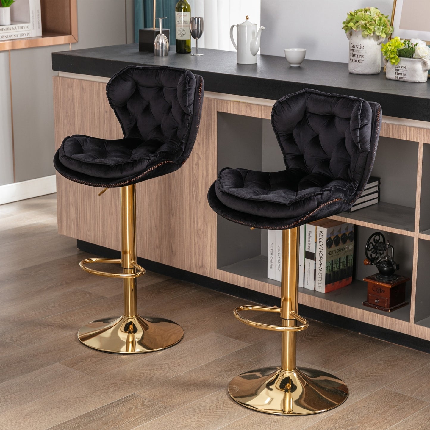 Set Of 2 Bar Stools Chrome Base, Swivel, Adjustable Height, Velvet