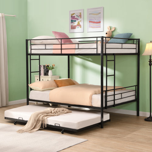 Full Over Full With Trundle Metal Bunk Bed , No Box Spring Needed, Easy Assemble
